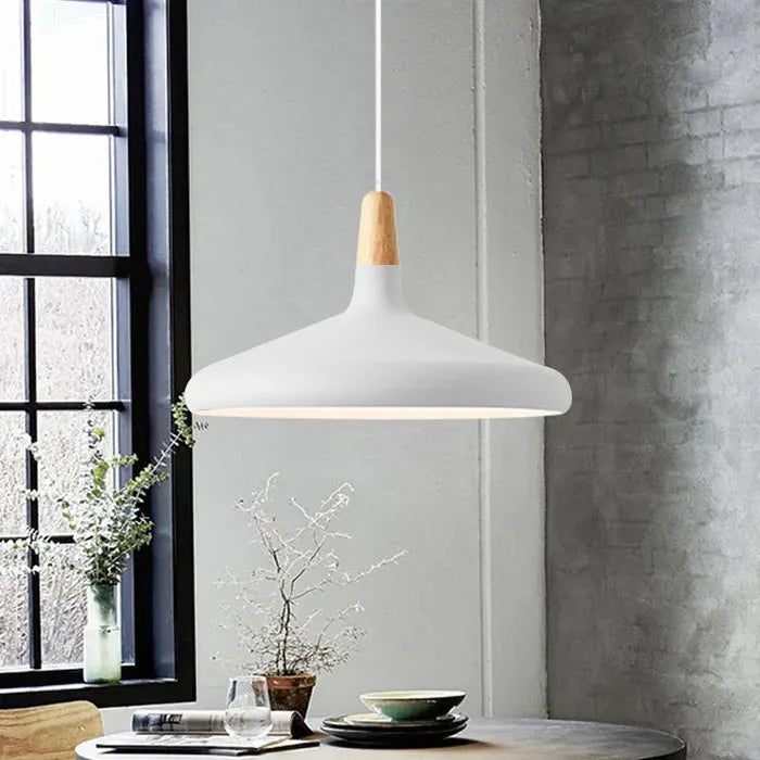 French Macaron Conical Pendant Light - Aluminum and Wood Lamp with a Modern and Playful Design