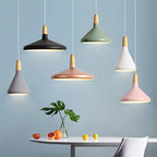 French Macaron Conical Pendant Light - Aluminum and Wood Lamp with a Modern and Playful Design