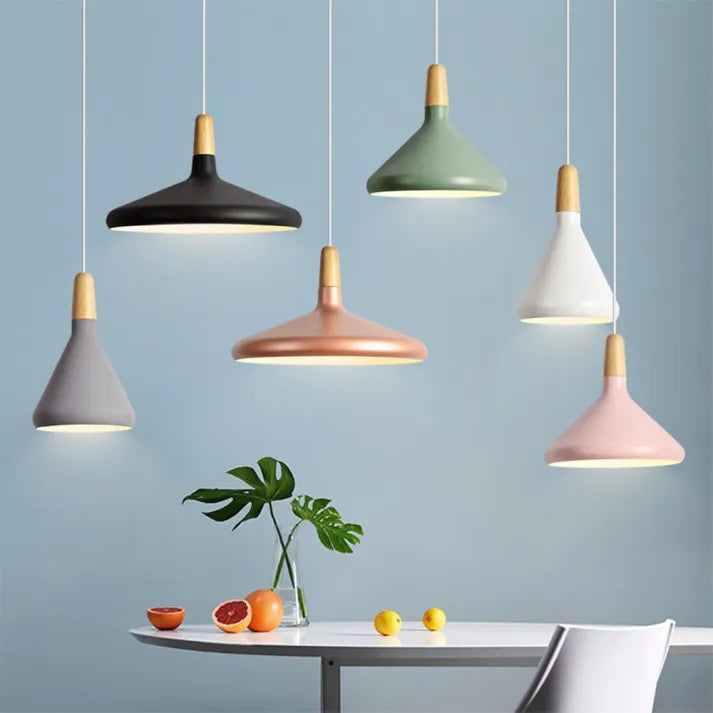 French Macaron Conical Pendant Light - Aluminum and Wood Lamp with a Modern and Playful Design