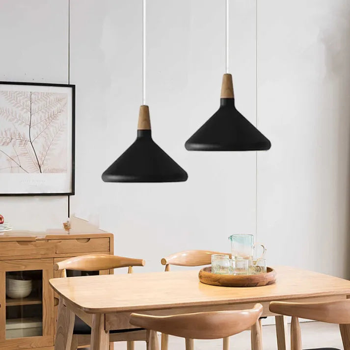 French Macaron Conical Pendant Light - Aluminum and Wood Lamp with a Modern and Playful Design
