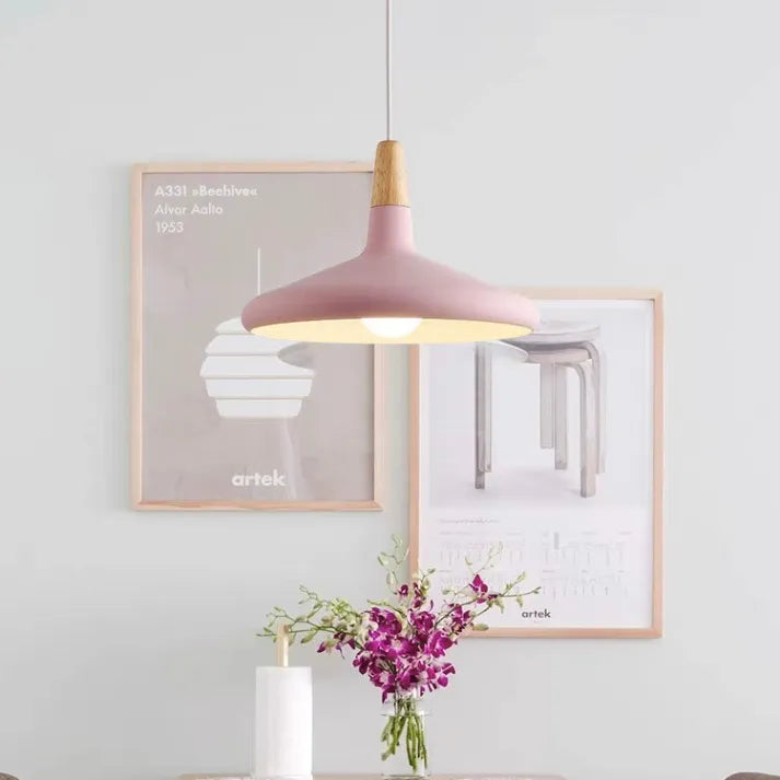 French Macaron Conical Pendant Light - Aluminum and Wood Lamp with a Modern and Playful Design