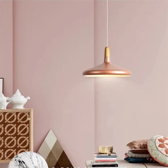 French Macaron Conical Pendant Light - Aluminum and Wood Lamp with a Modern and Playful Design