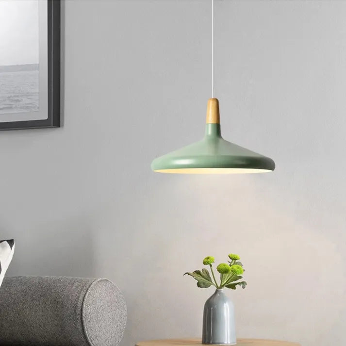 French Macaron Conical Pendant Light - Aluminum and Wood Lamp with a Modern and Playful Design