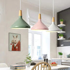French Macaron Conical Pendant Light - Aluminum and Wood Lamp with a Modern and Playful Design