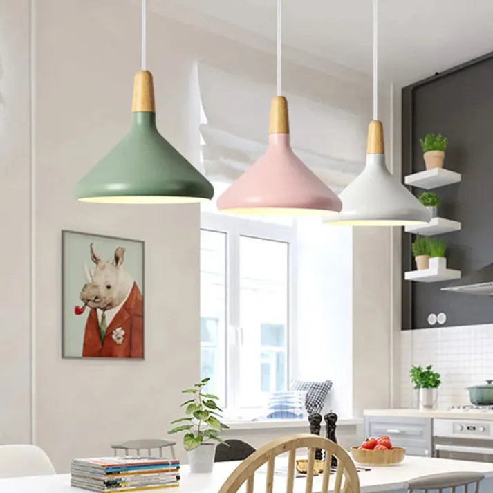 French Macaron Conical Pendant Light - Aluminum and Wood Lamp with a Modern and Playful Design