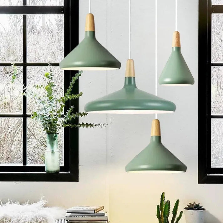French Macaron Conical Pendant Light - Aluminum and Wood Lamp with a Modern and Playful Design
