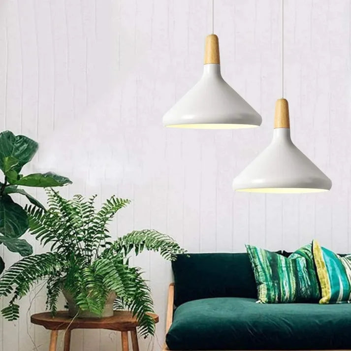 French Macaron Conical Pendant Light - Aluminum and Wood Lamp with a Modern and Playful Design