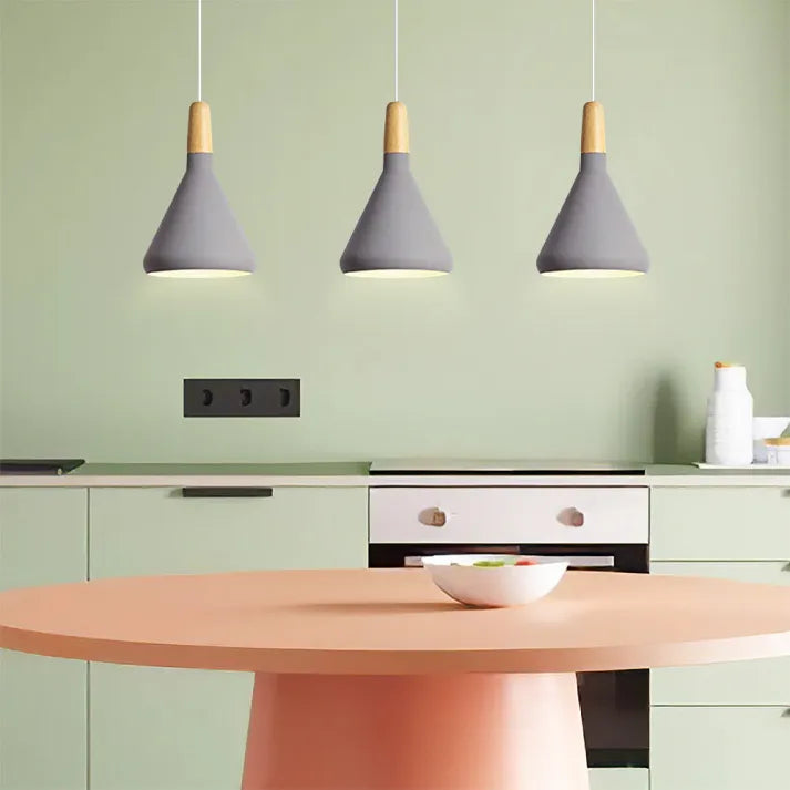 French Macaron Conical Pendant Light - Aluminum and Wood Lamp with a Modern and Playful Design
