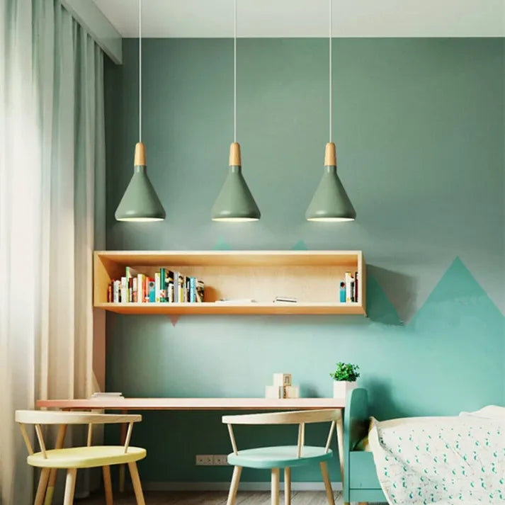 French Macaron Conical Pendant Light - Aluminum and Wood Lamp with a Modern and Playful Design