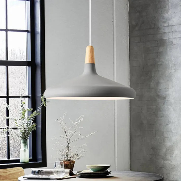 French Macaron Conical Pendant Light - Aluminum and Wood Lamp with a Modern and Playful Design